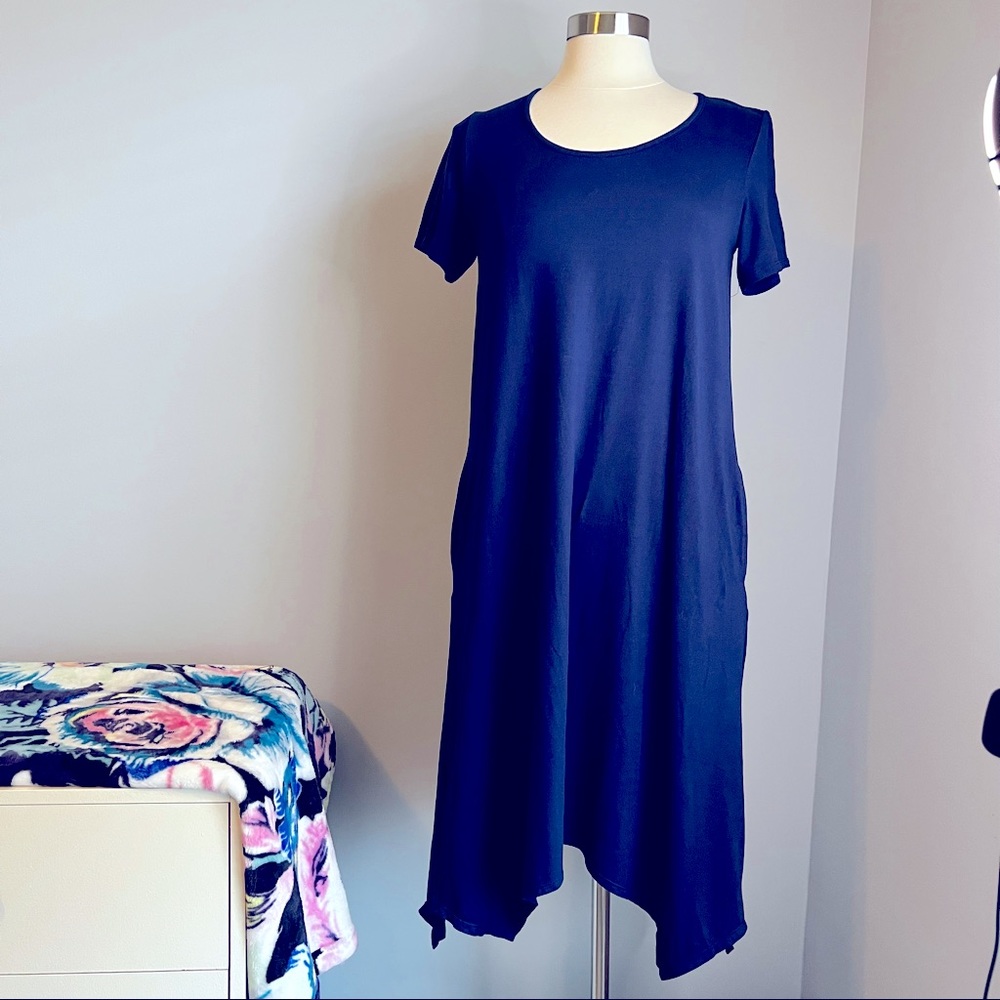 Cuddl Duds Petite Flexwear PM Blue Dress Open Back & Pockets